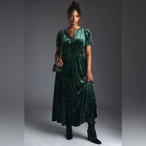 NWOT Anthropologie GreenThe Somerset Velvet Edition tiered maxi dress Size 3X